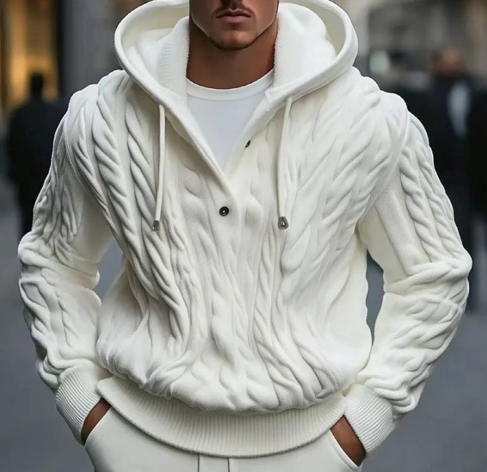 Sweat à capuche homme – Maille torsadée – Coupe ample – Boutons – Cordon ajustable