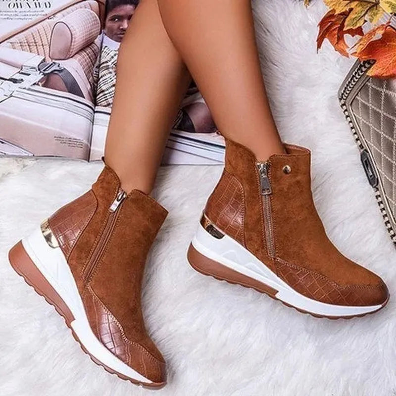 Bottines femme – Talon compensé stable – Fermeture zip – Tissu doux confort orthopédique