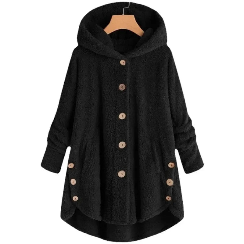 Veste polaire femme – Coupe décontractée – Capuche – Boutons – Ourlet arrière long
