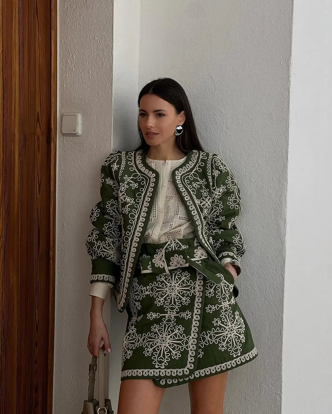 Manteau ethnique femme – Coton – Coupe décontractée – Brodé – Manches lanterne