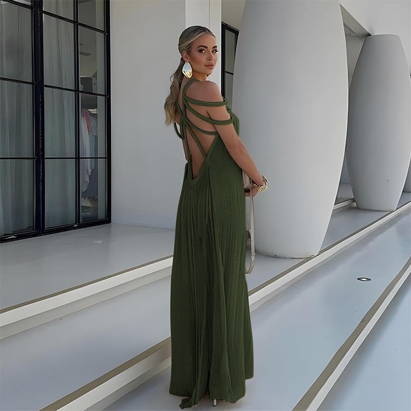 Robe Maxi Femme - Décolleté Halter - Plissée Élégante - Coupe Ample et Fluide