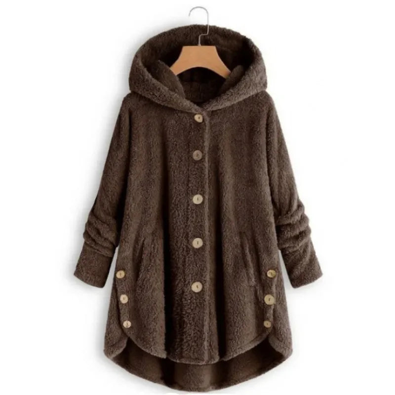 Veste polaire femme – Coupe décontractée – Capuche – Boutons – Ourlet arrière long