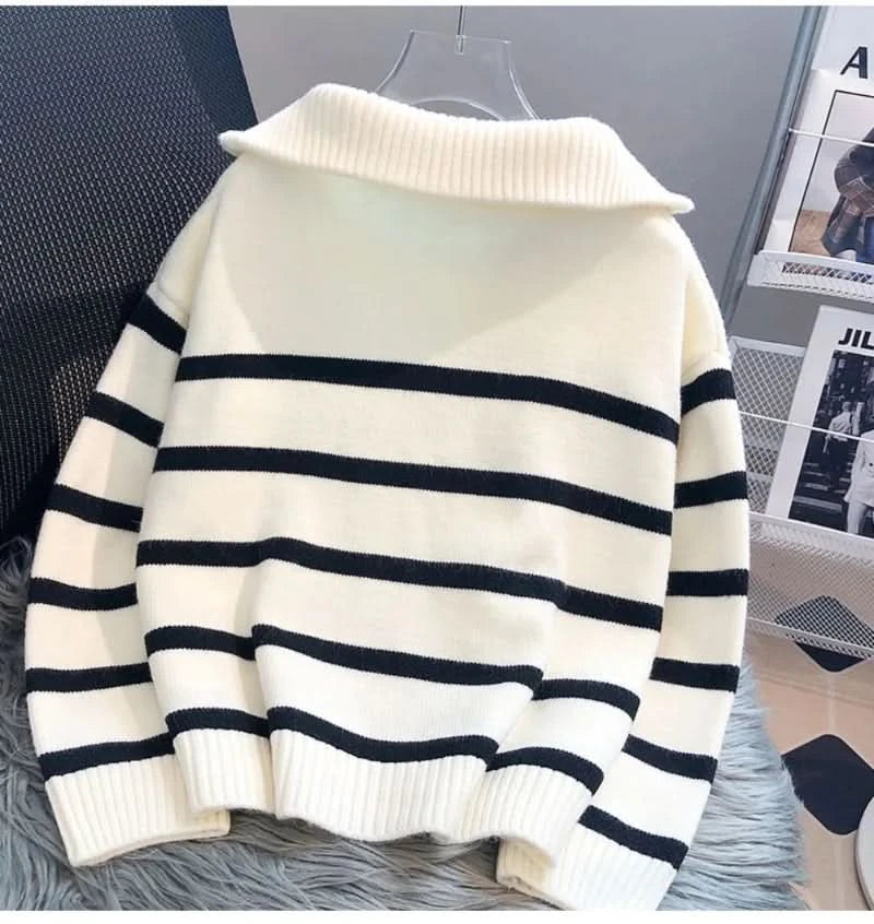 Pull à demi-zip à rayures classique, confortable et douillet pour femme