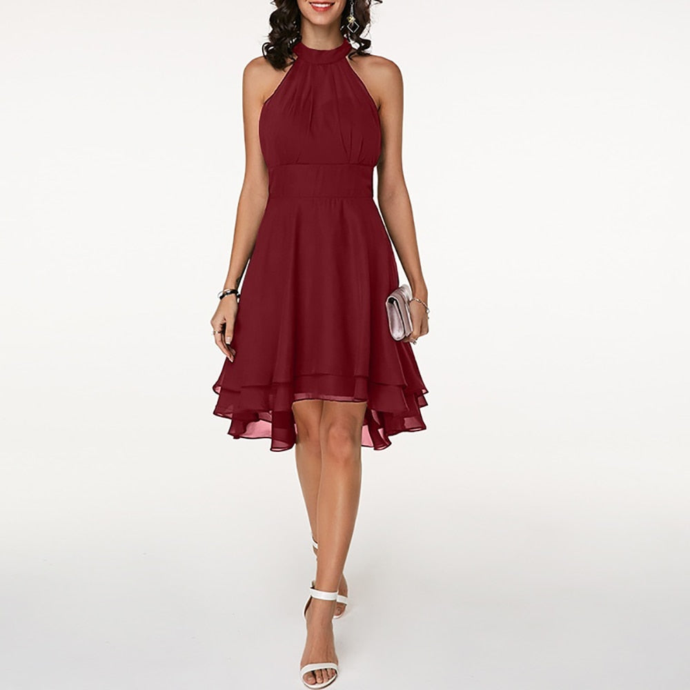 Robe Femme - Sans Manches - Col Halter Élégant - Coupe Cintrée - Ourlet Asymétrique