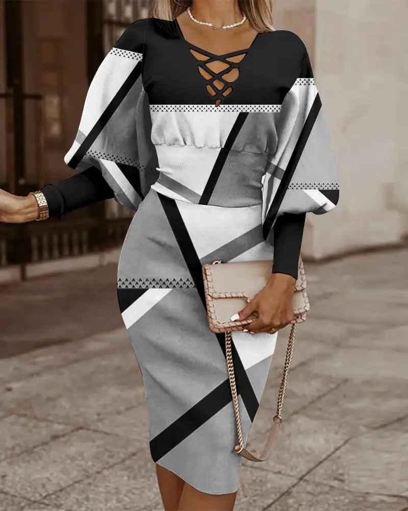 Robe Midi Femme - Motif Géométrique - Col V Lacé - Manches Amples - Taille Cintrée
