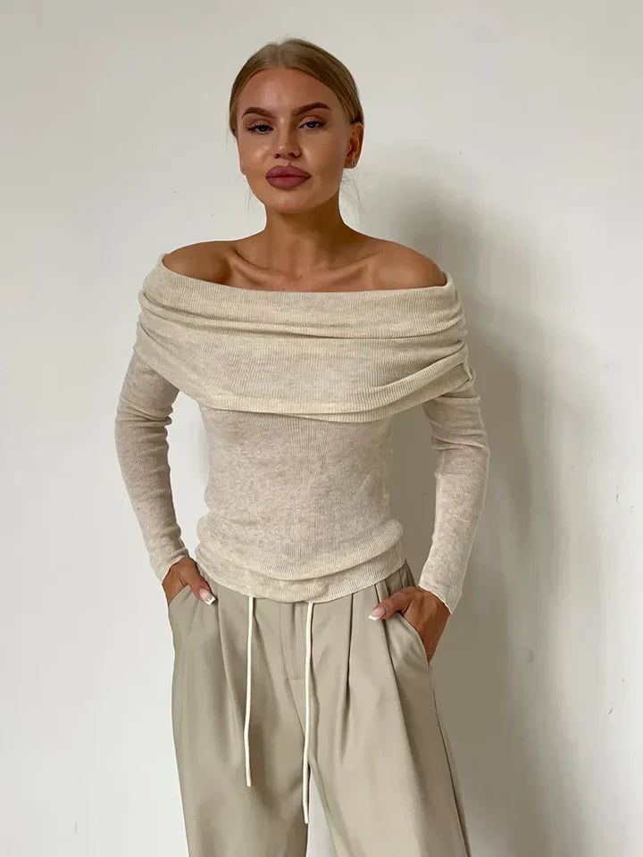Sweatshirt femme off-shoulder – Côtelé – Coupe ajustée – Manches longues élégantes