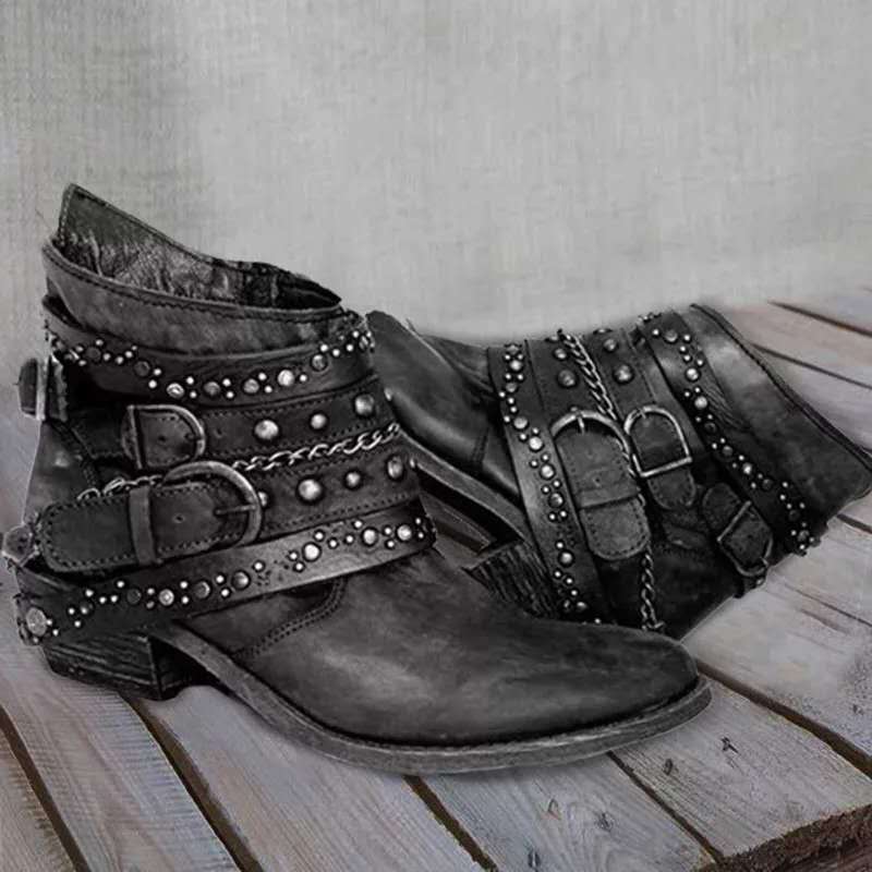 Bottines Femme – Cuir Vieilli – Brides Cloutées – Boucles – Talon Plat – Style Rock
