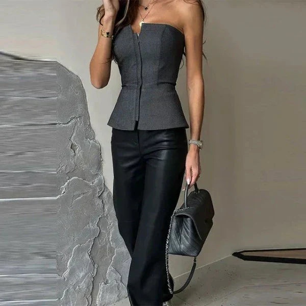 Top bustier femme – Coupe cintrée – Fermeture zippée – Ourlet basque – Tissu structuré