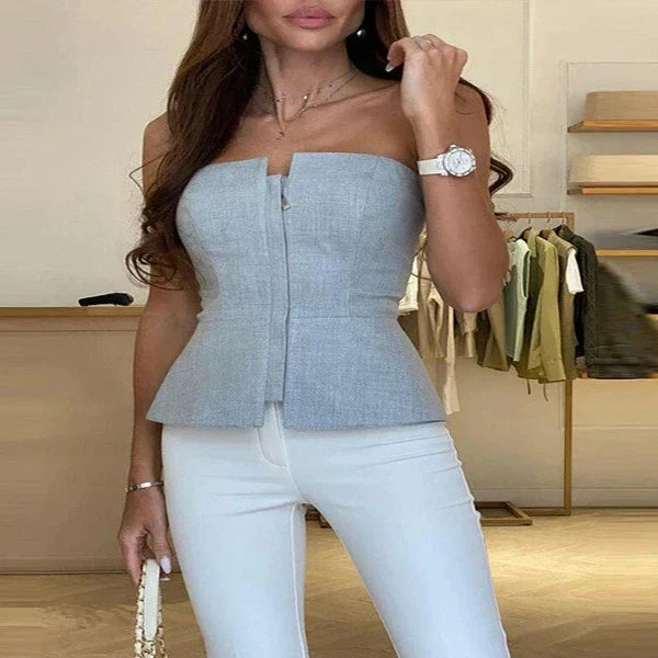 Top bustier femme – Coupe cintrée – Fermeture zippée – Ourlet basque – Tissu structuré
