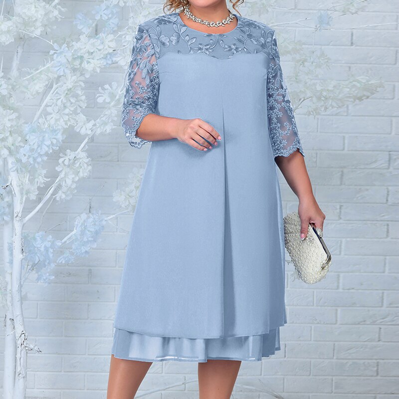 Robe midi femme – Coupe évasée – Manches transparentes – Détails floraux brodés