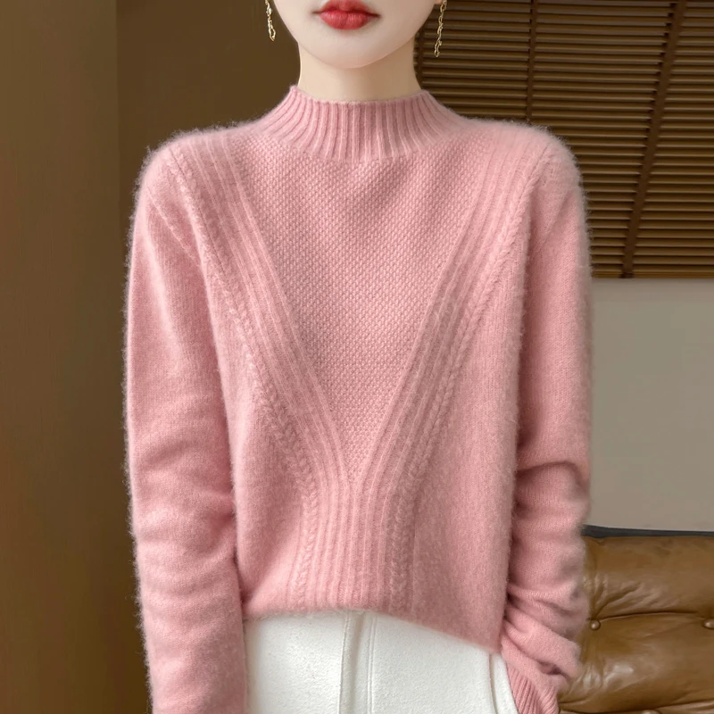 Pull femme – Laine – Coupe décontractée – Col montant – Maille côtelée