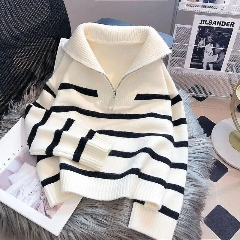 Pull à demi-zip à rayures classique, confortable et douillet pour femme
