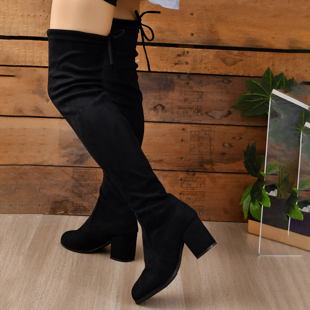 Bottes cuissardes femme – Effet suédé – Talon bloc – Bout pointu – Laçage dos