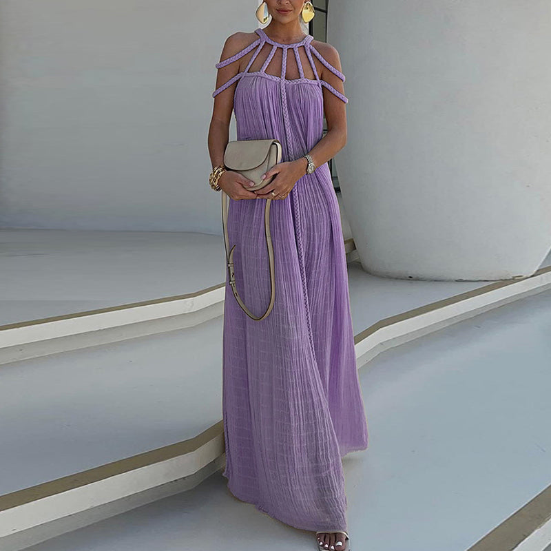 Robe Maxi Femme - Décolleté Halter - Plissée Élégante - Coupe Ample et Fluide