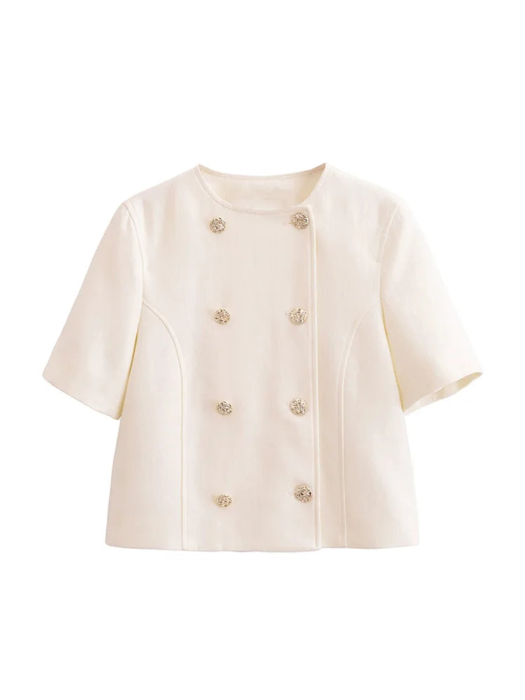 Ensemble Femme – Veste Croppée Manches Courtes Boutonnée – Pantalon Large Tailleur