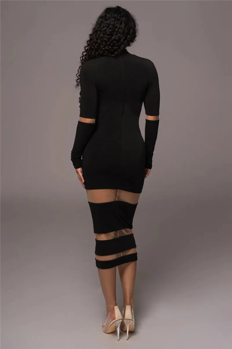 Robe Midi Femme – Coupe Moulante – Manches Longues – Col Montant – Découpes Taille