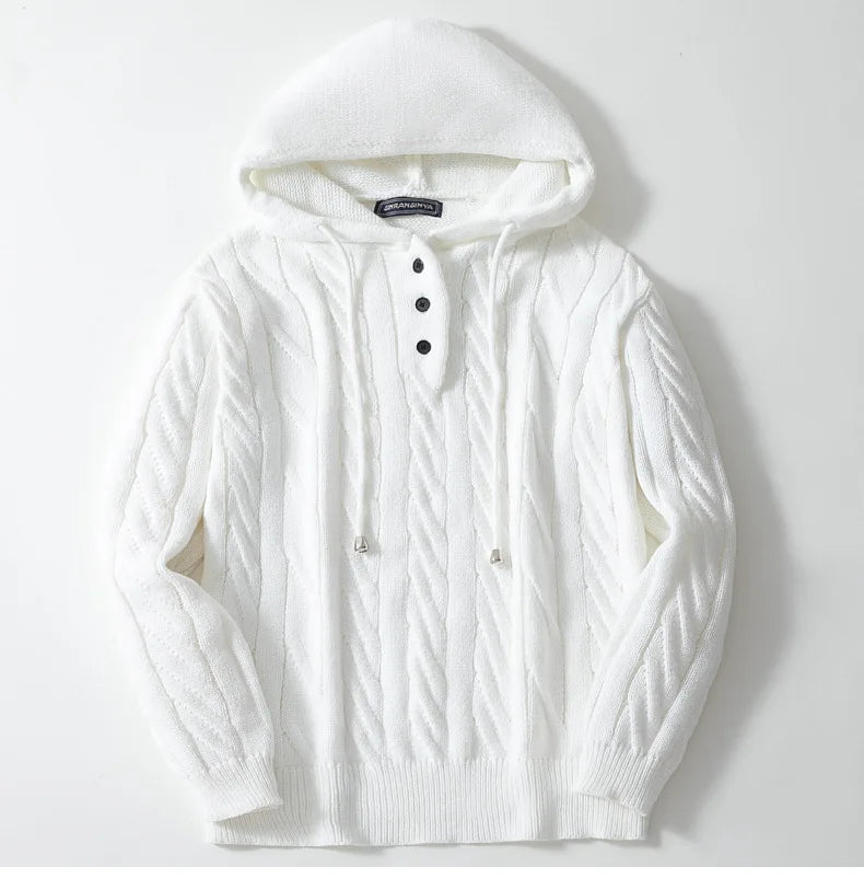 Sweat à capuche homme – Maille torsadée – Coupe ample – Boutons – Cordon ajustable