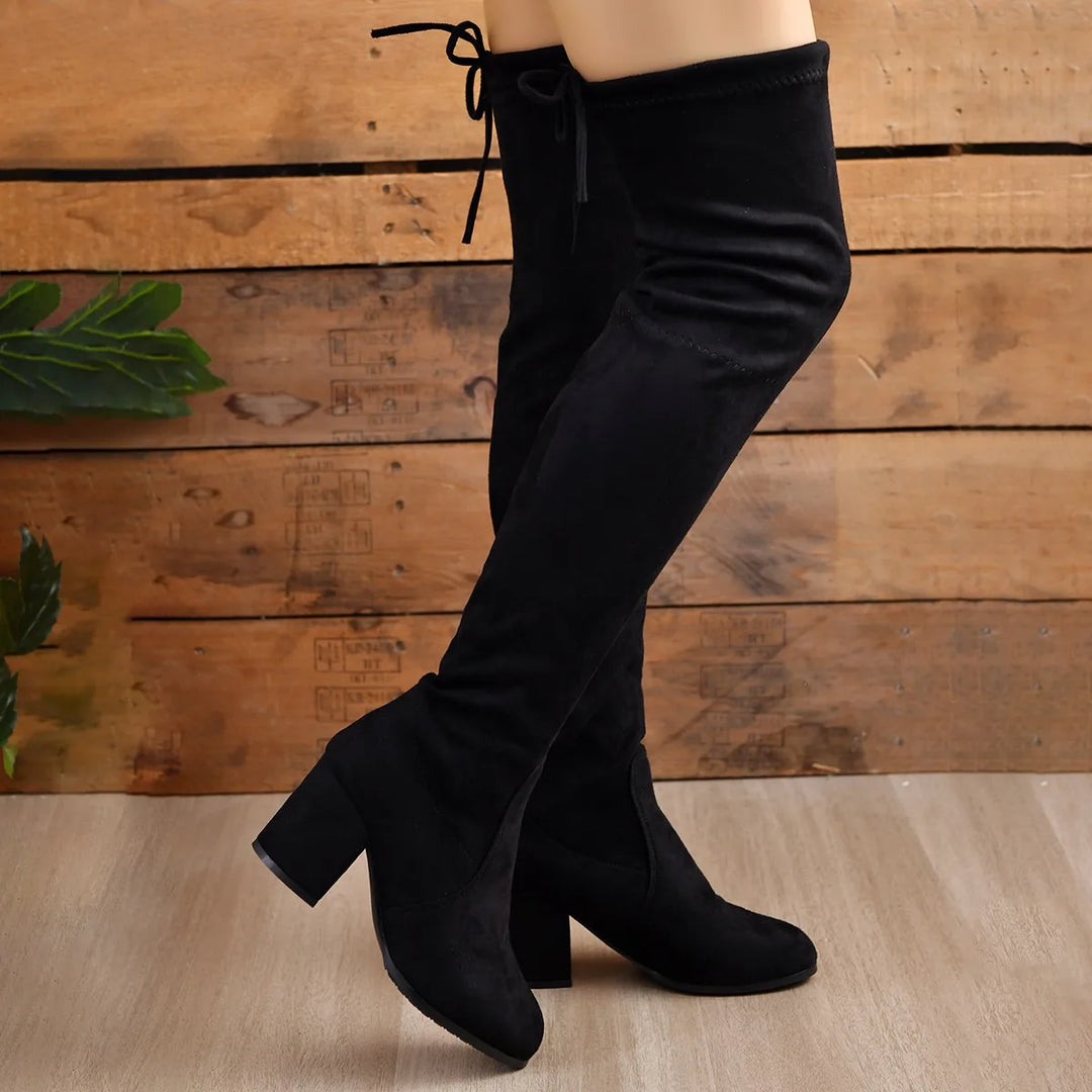 Bottes cuissardes femme – Effet suédé – Talon bloc – Bout pointu – Laçage dos