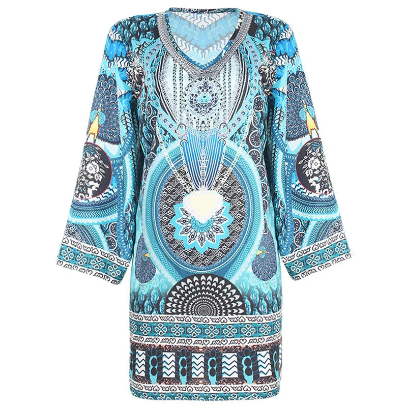 Robe Tunique Femme – Col V – Manches Amples – Tissu Léger – Motifs Bohèmes