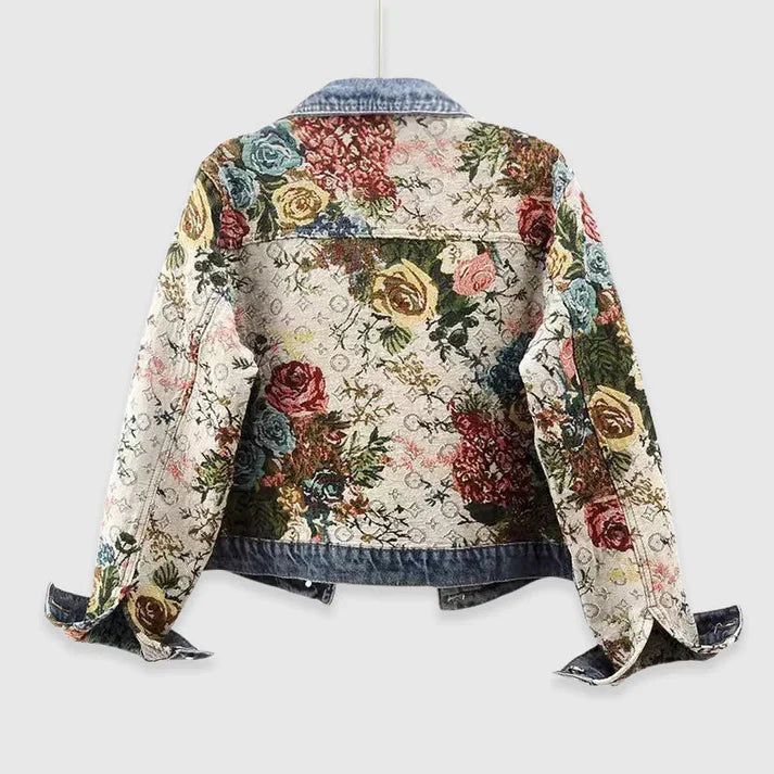 Veste en jean femme – Coupe courte – Broderies florales – Fermeture boutonnée