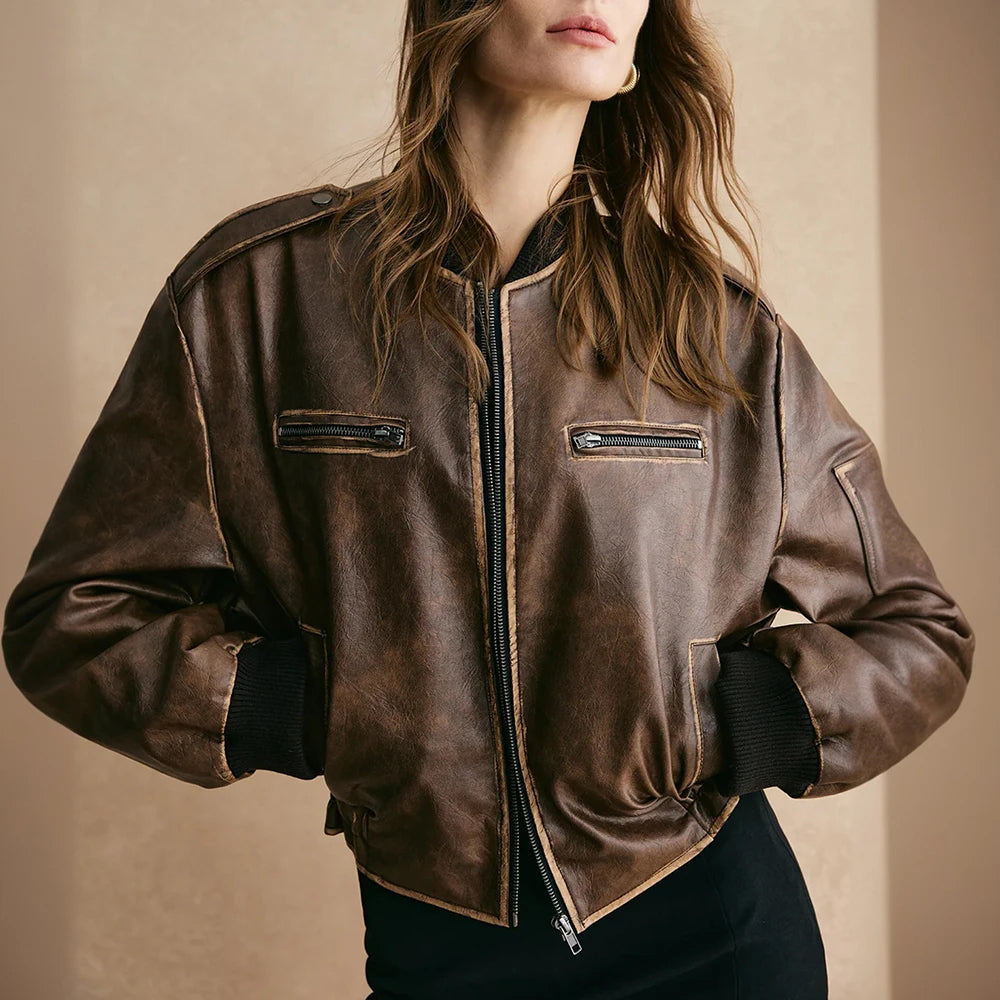 Veste en cuir femme – Coupe oversize structurée – Courte – Fermeture zippée – Poches zipées