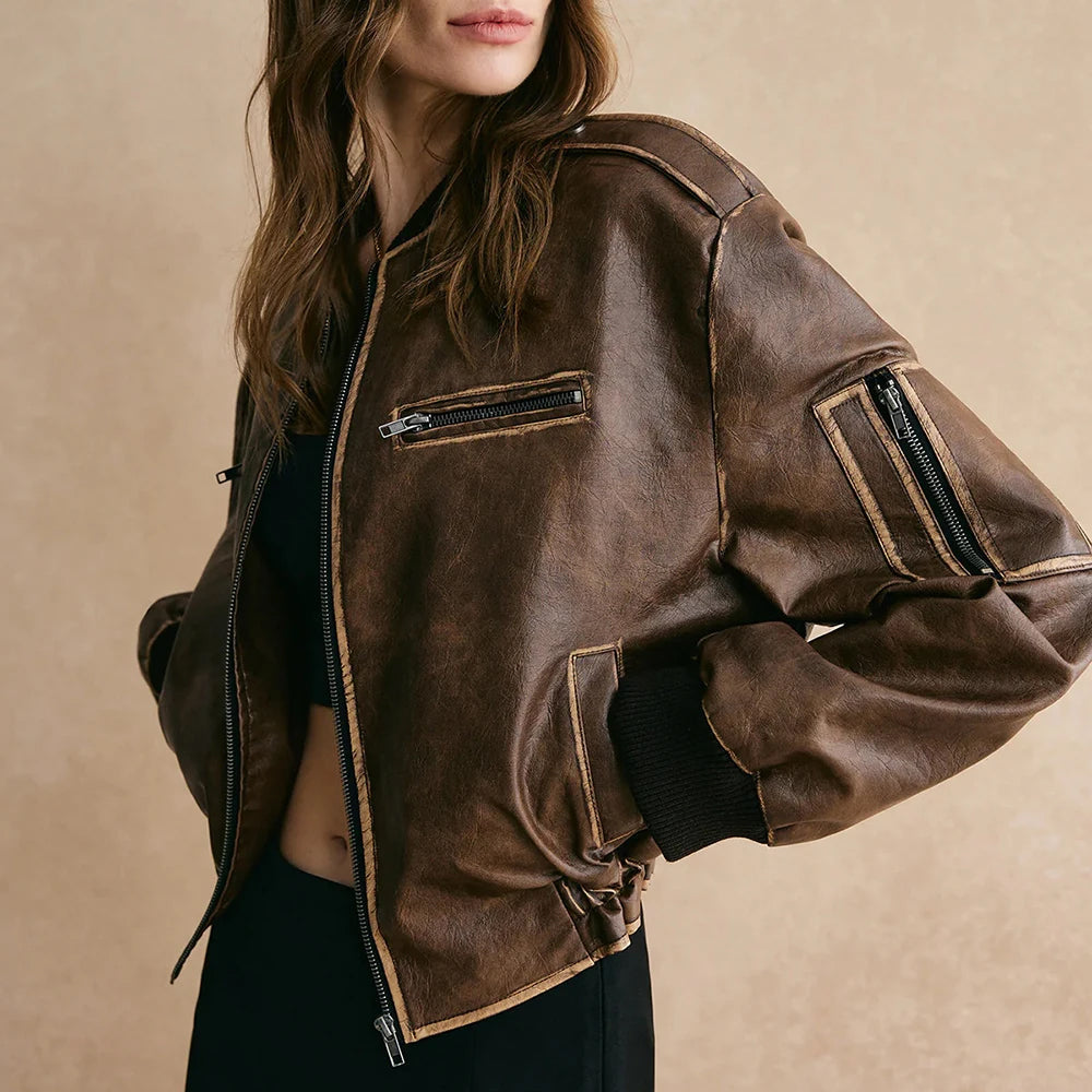 Veste en cuir femme – Coupe oversize structurée – Courte – Fermeture zippée – Poches zipées