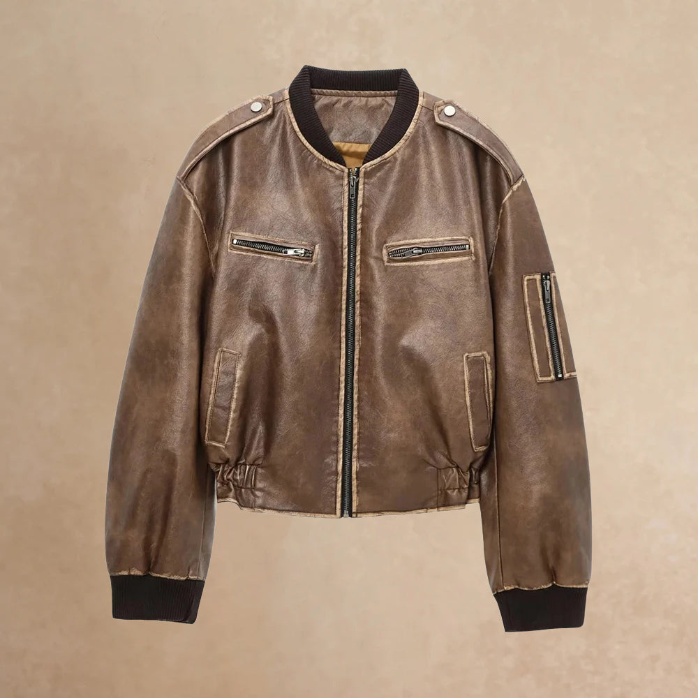 Veste en cuir femme – Coupe oversize structurée – Courte – Fermeture zippée – Poches zipées