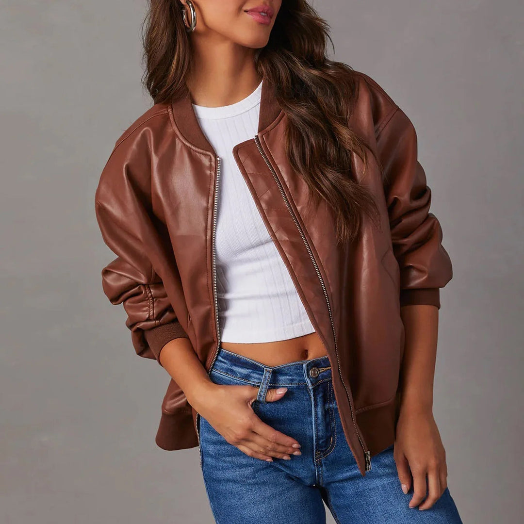 Blouson femme – Coupe oversize – Finition brillante – Bords côtelés – Zip frontal