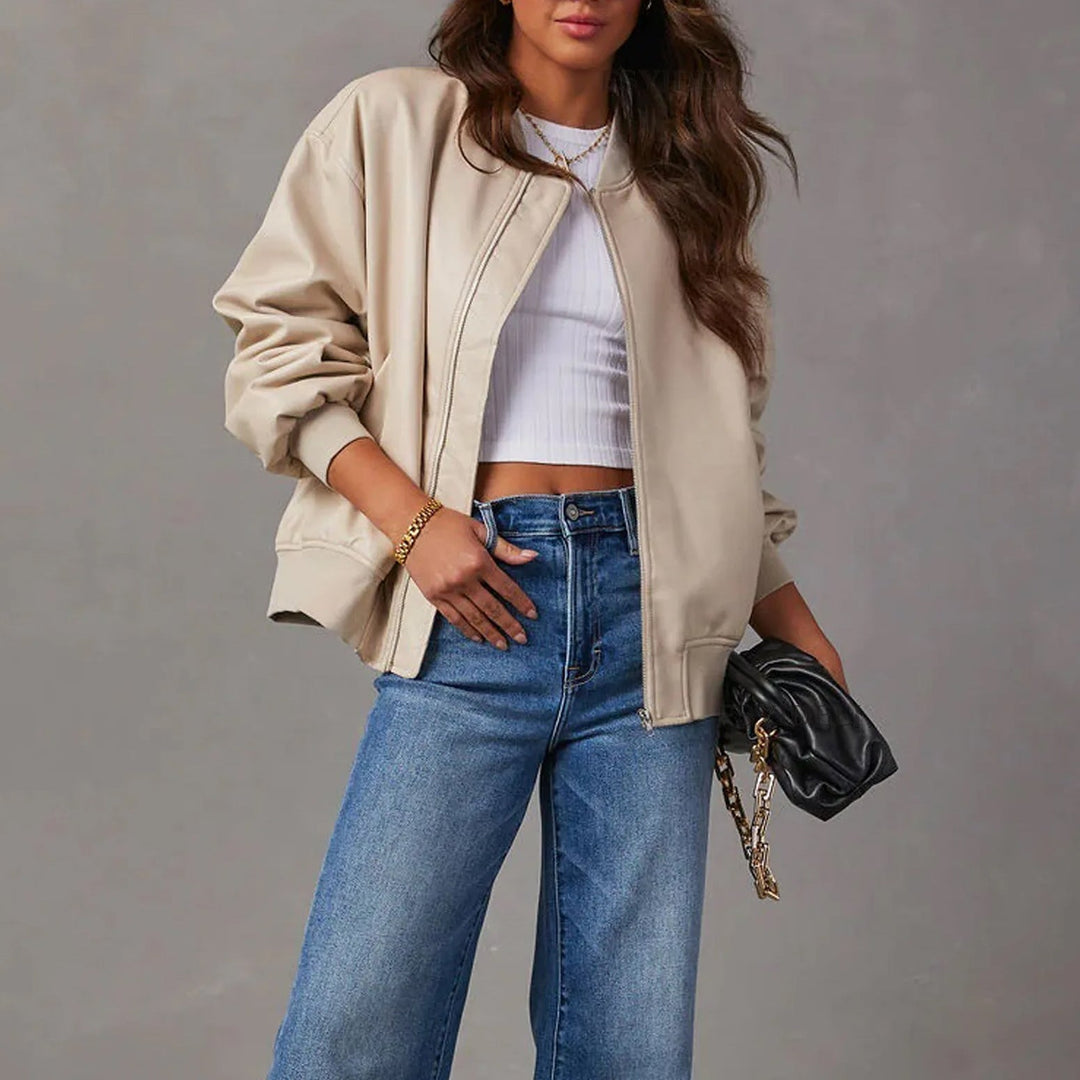 Blouson femme – Coupe oversize – Finition brillante – Bords côtelés – Zip frontal