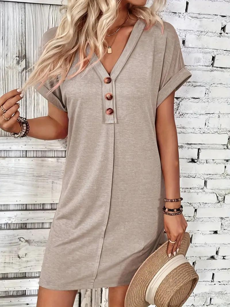 Robe T-Shirt Femme - Coupe Ample - Manches Courtes Revers - Col V Boutonné Casual