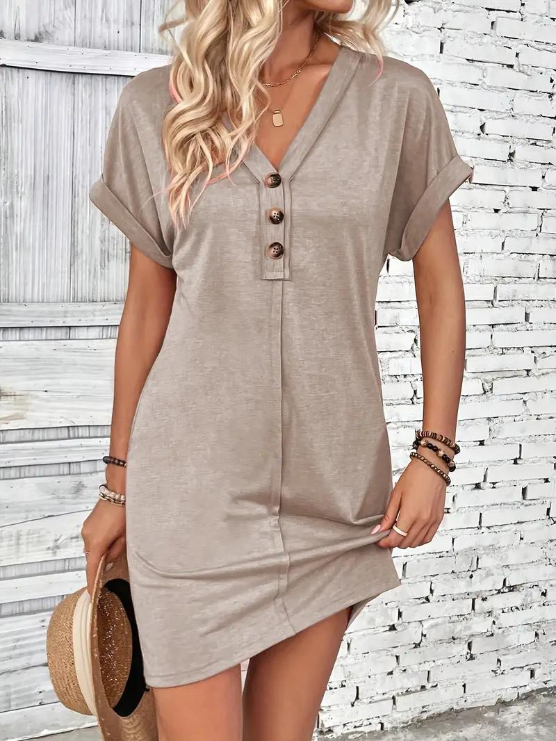 Robe T-Shirt Femme - Coupe Ample - Manches Courtes Revers - Col V Boutonné Casual