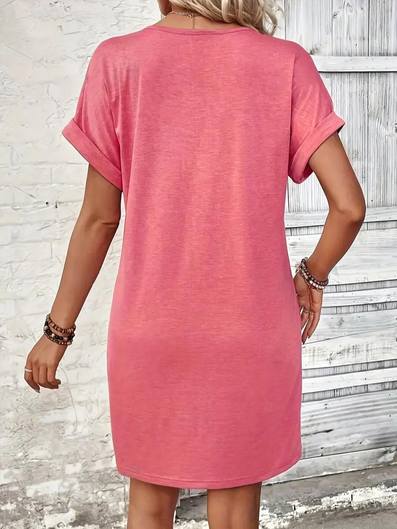 Robe T-Shirt Femme - Coupe Ample - Manches Courtes Revers - Col V Boutonné Casual