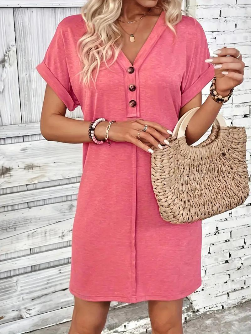 Robe T-Shirt Femme - Coupe Ample - Manches Courtes Revers - Col V Boutonné Casual