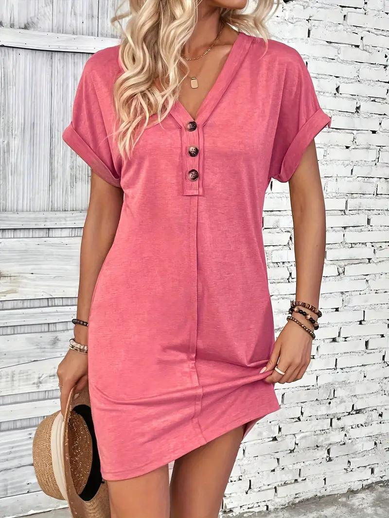 Robe T-Shirt Femme - Coupe Ample - Manches Courtes Revers - Col V Boutonné Casual