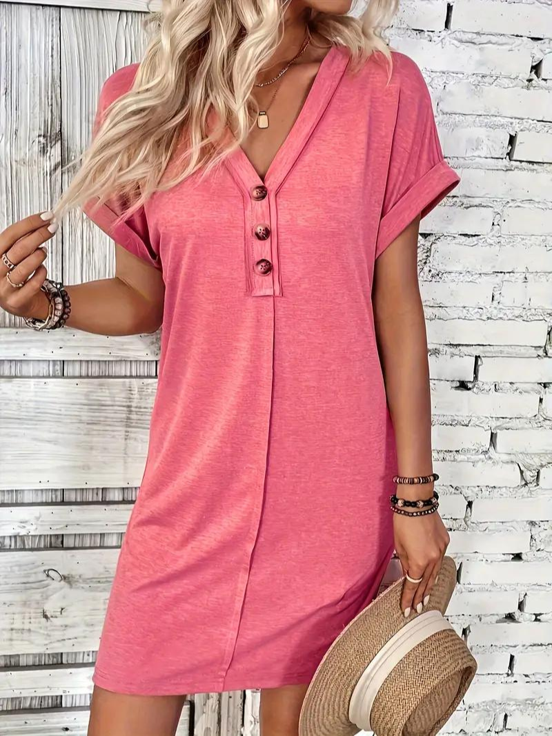 Robe T-Shirt Femme - Coupe Ample - Manches Courtes Revers - Col V Boutonné Casual