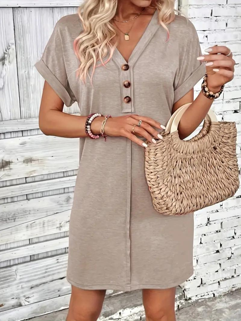 Robe T-Shirt Femme - Coupe Ample - Manches Courtes Revers - Col V Boutonné Casual