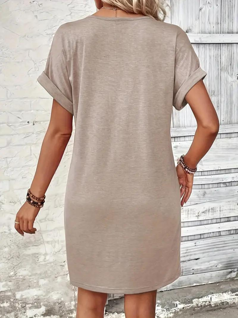 Robe T-Shirt Femme - Coupe Ample - Manches Courtes Revers - Col V Boutonné Casual