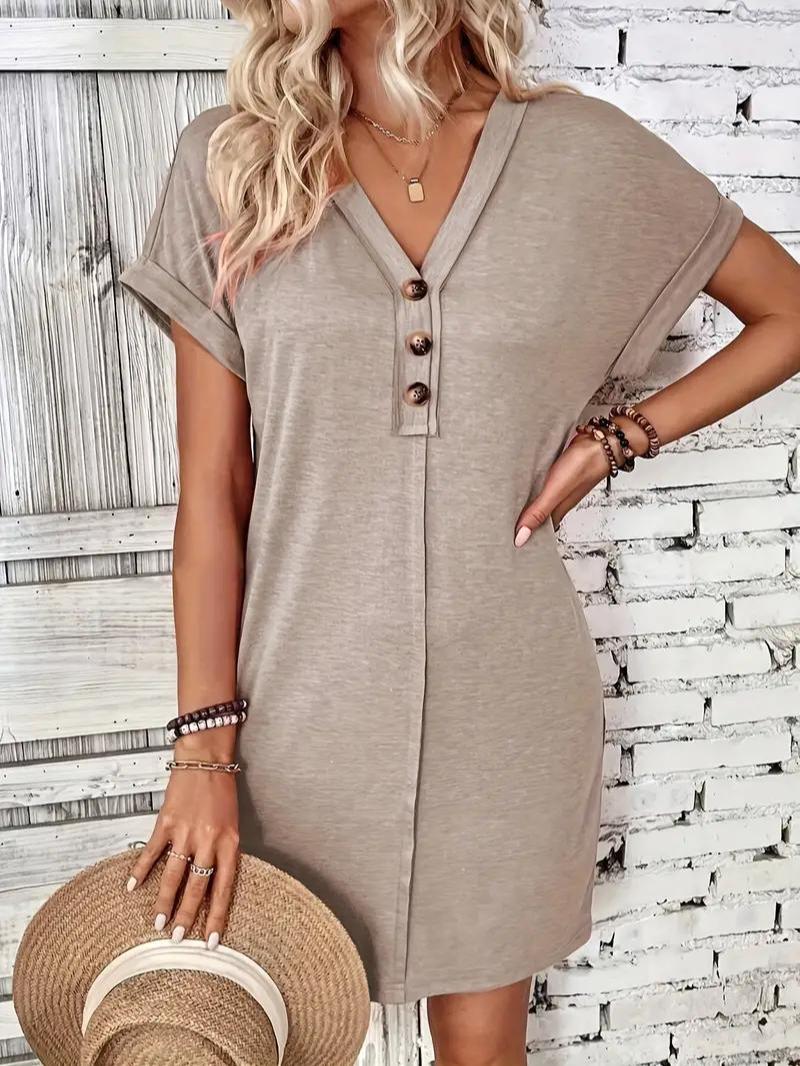 Robe T-Shirt Femme - Coupe Ample - Manches Courtes Revers - Col V Boutonné Casual