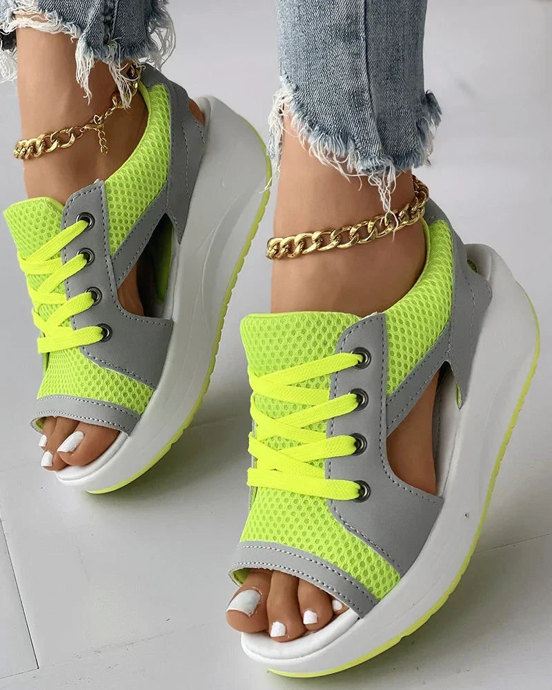 Sandales femme à lacets – Bout ouvert – Semelle plateforme – Mesh respirant