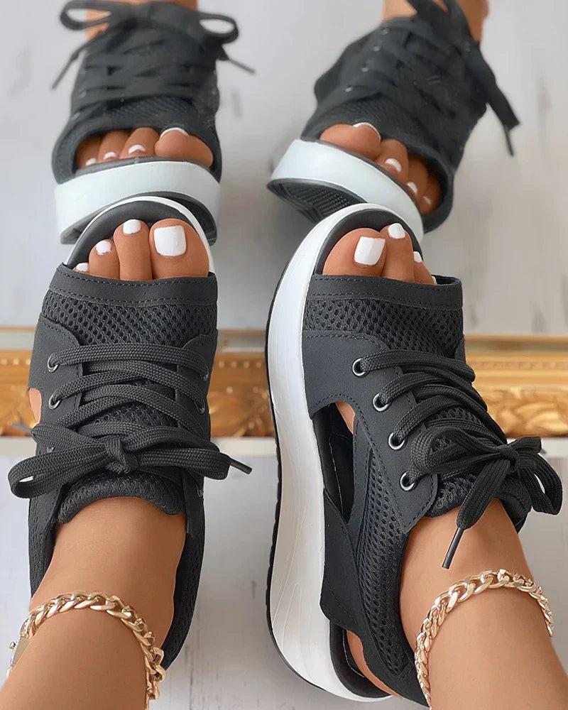 Sandales femme à lacets – Bout ouvert – Semelle plateforme – Mesh respirant