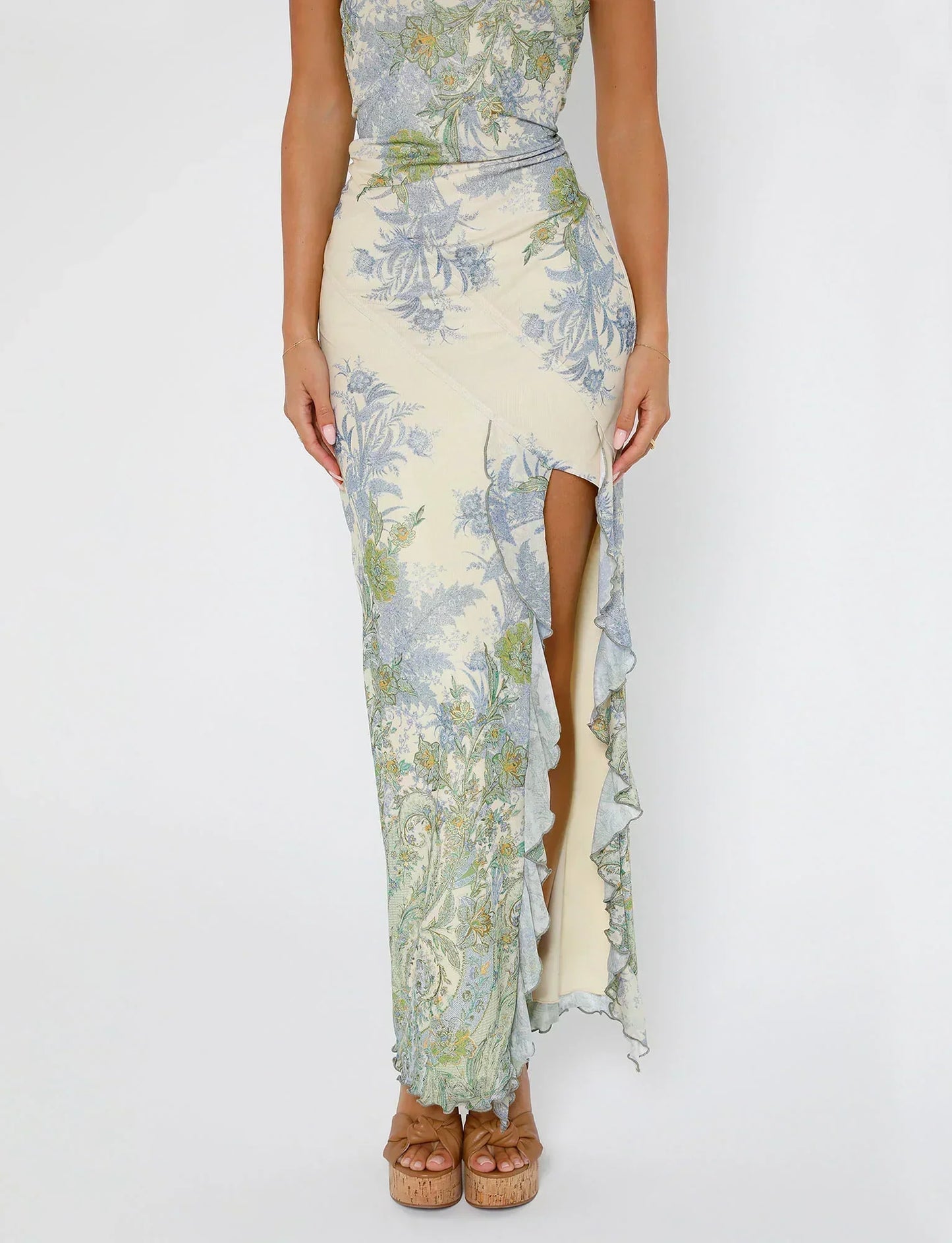 Robe longue femme – Sans bretelles – Imprimé floral – Fente haute – Tissu fluide