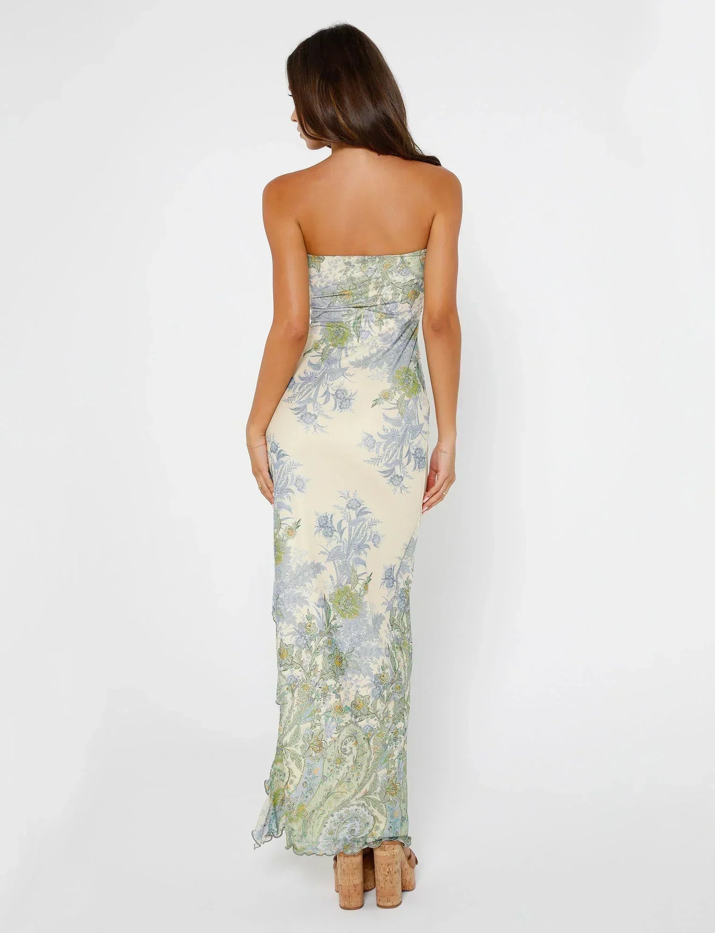 Robe longue femme – Sans bretelles – Imprimé floral – Fente haute – Tissu fluide