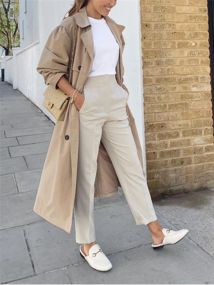 Manteau Trench Femme - Long Élégant - Col Revers - Boutonnage Double - Style Classique