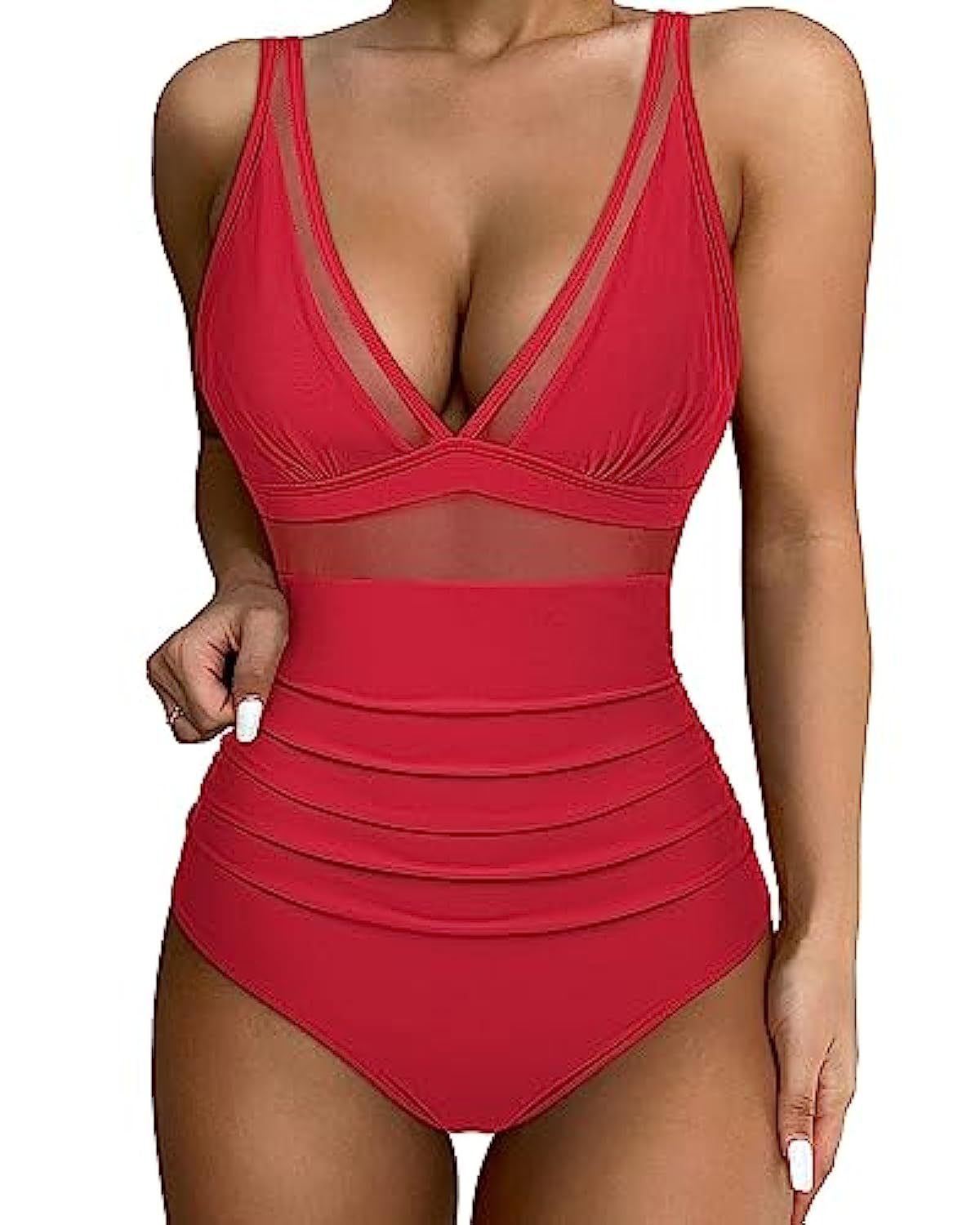 Maillot de bain 1 pièce femme – Décolleté plongeant – Maille sculptante – Empiècements en tulle