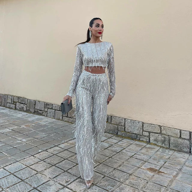 Ensemble Femme Top Court et Pantalon – Manches Longues – Taille Haute Évasé – Orné