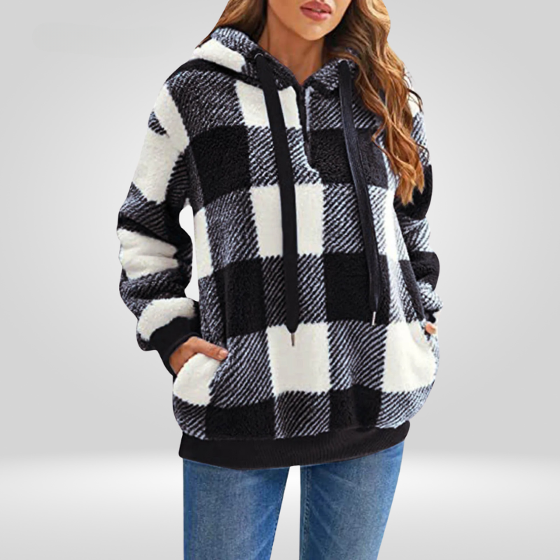 Sweat à capuche femme – Maille douce – Coupe décontractée – Motif carreaux – Demi-zip