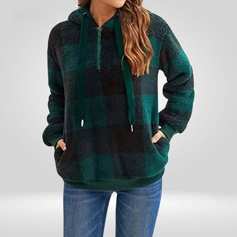 Sweat à capuche femme – Maille douce – Coupe décontractée – Motif carreaux – Demi-zip