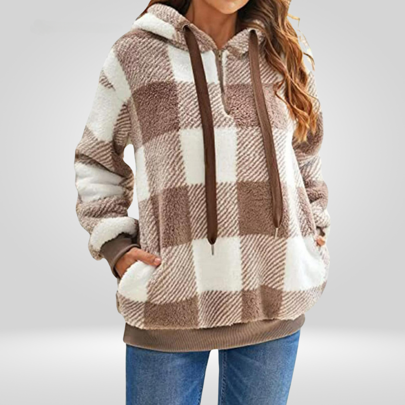 Sweat à capuche femme – Maille douce – Coupe décontractée – Motif carreaux – Demi-zip