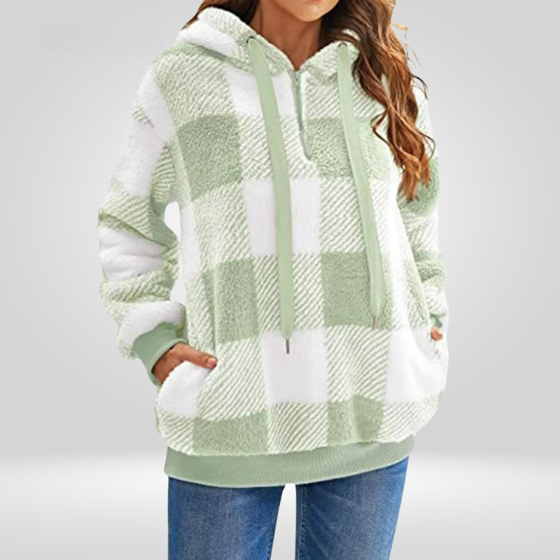 Sweat à capuche femme – Maille douce – Coupe décontractée – Motif carreaux – Demi-zip