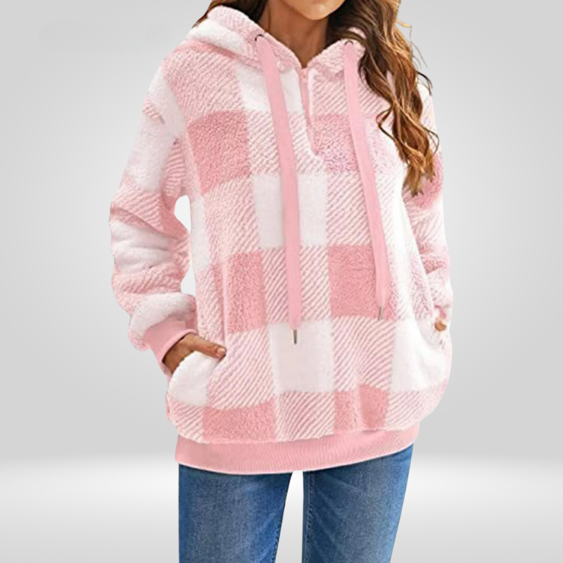 Sweat à capuche femme – Maille douce – Coupe décontractée – Motif carreaux – Demi-zip